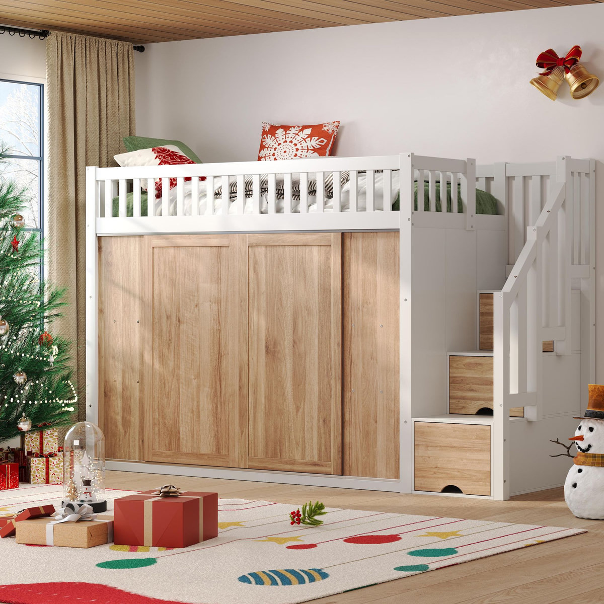 MERAX Lit combiné enfant 90x200 cm coloris blanc+naturel bois massif