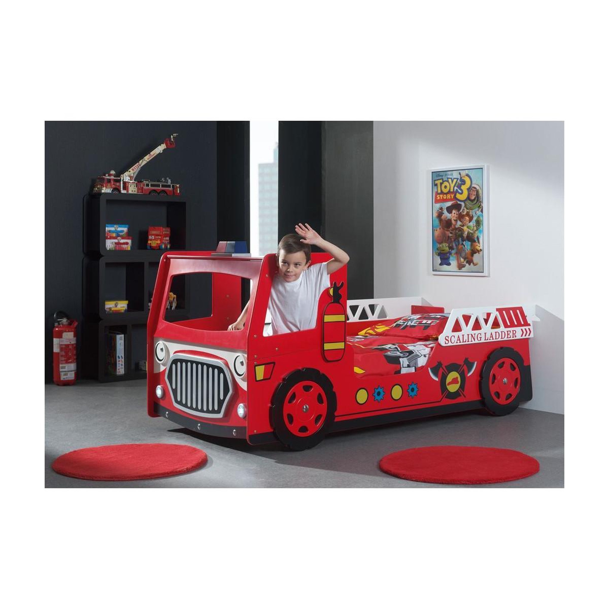 Voir la diapositive 2 : Paris Prix Pack - lit enfant & matelas  camion de pompier  90x200cm rouge