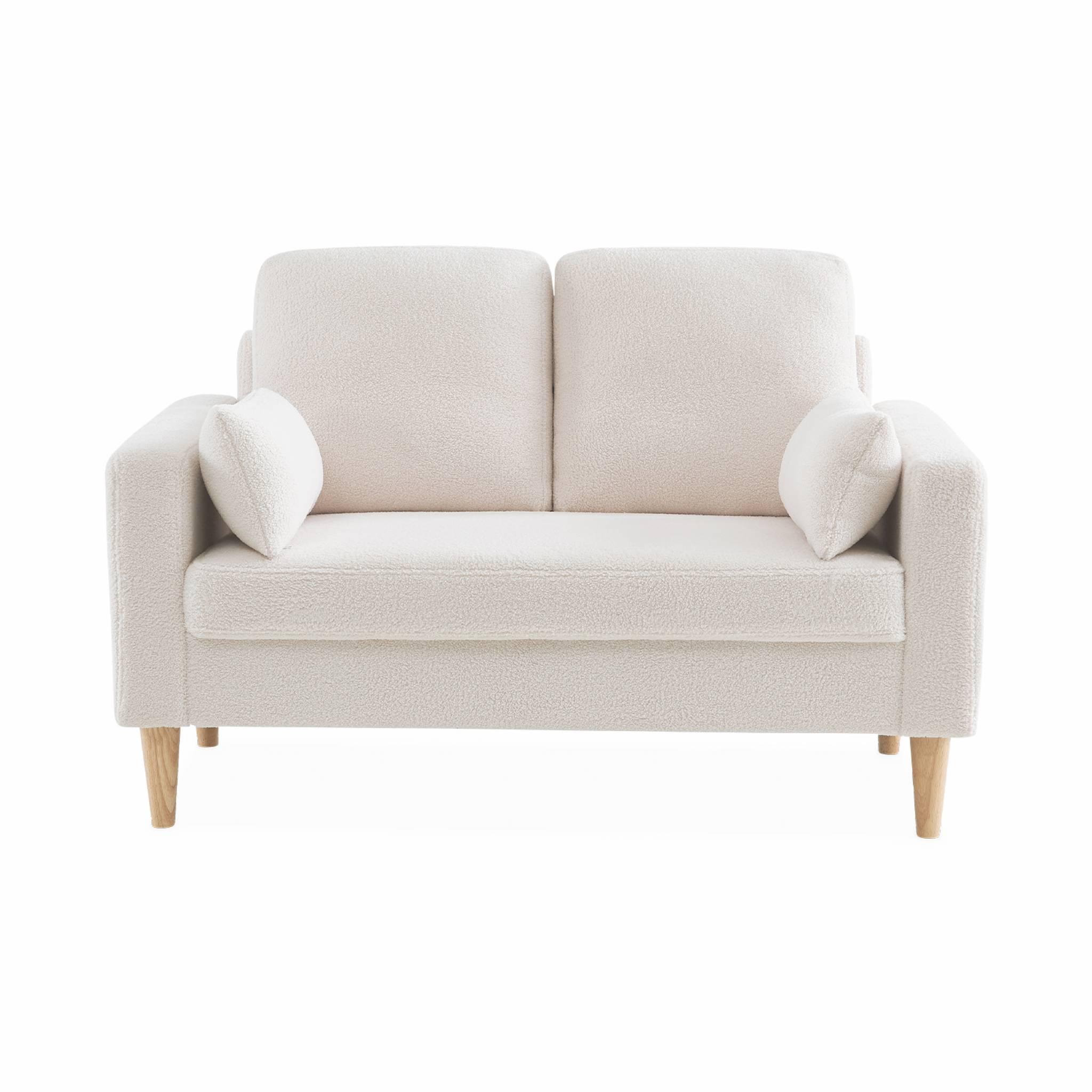 Voir la diapositive 4 : SWEEEK Canapé à bouclettes blanc cassé - Bjorn - Canapé 2 places fixe droit pieds bois. style scandinave