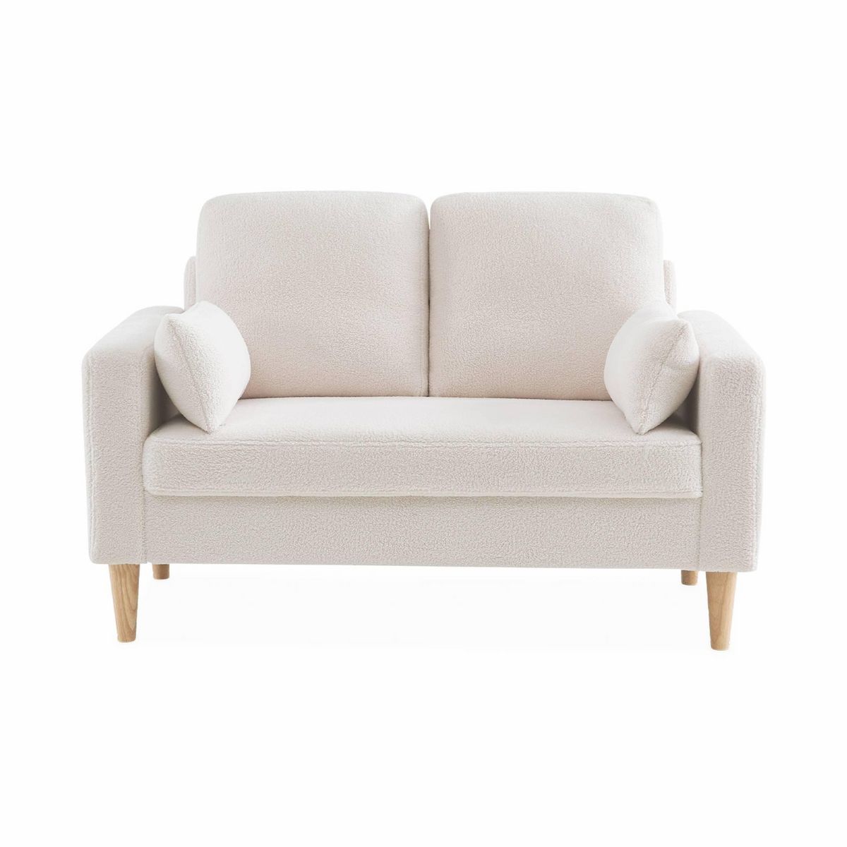 SWEEEK Canapé à bouclettes blanc cassé - Bjorn - Canapé 2 places fixe droit pieds bois. style scandinave