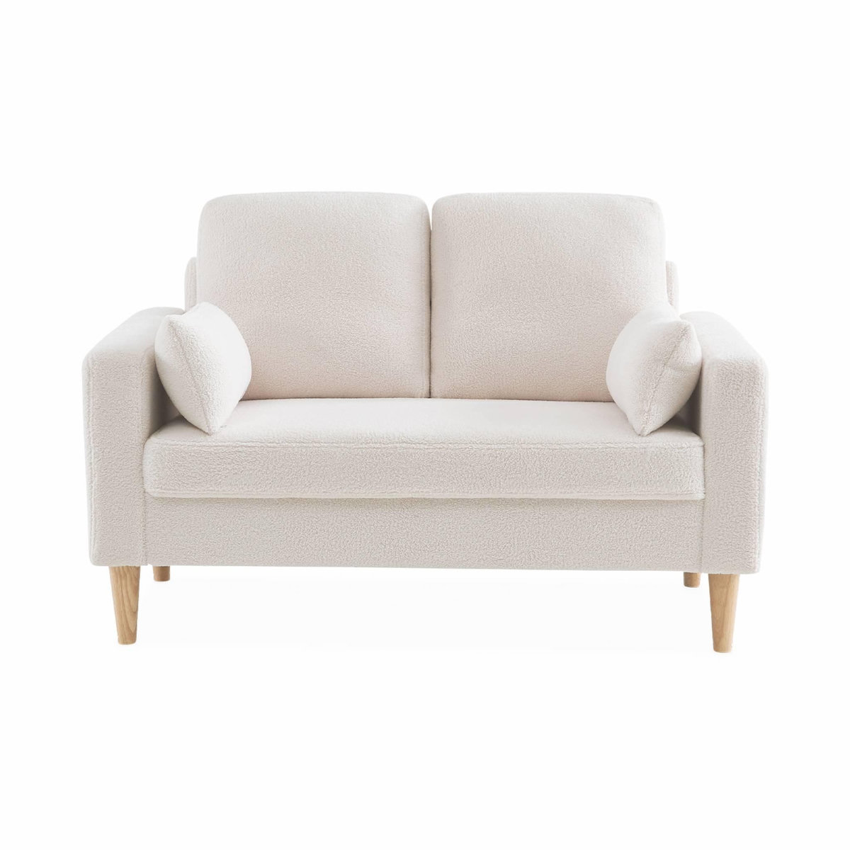 SWEEEK Canapé à bouclettes blanc cassé - Bjorn - Canapé 2 places fixe droit pieds bois. style scandinave