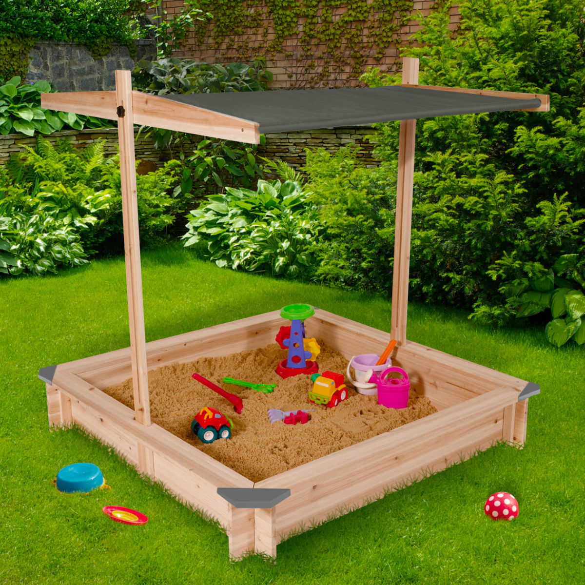 ID MARKET Bac à sable KIDS bois avec toit ouvrant gris