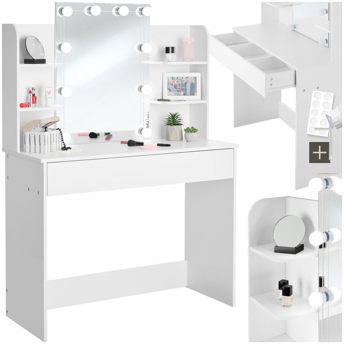 tectake Coiffeuse avec miroir style hollywoodien blanc