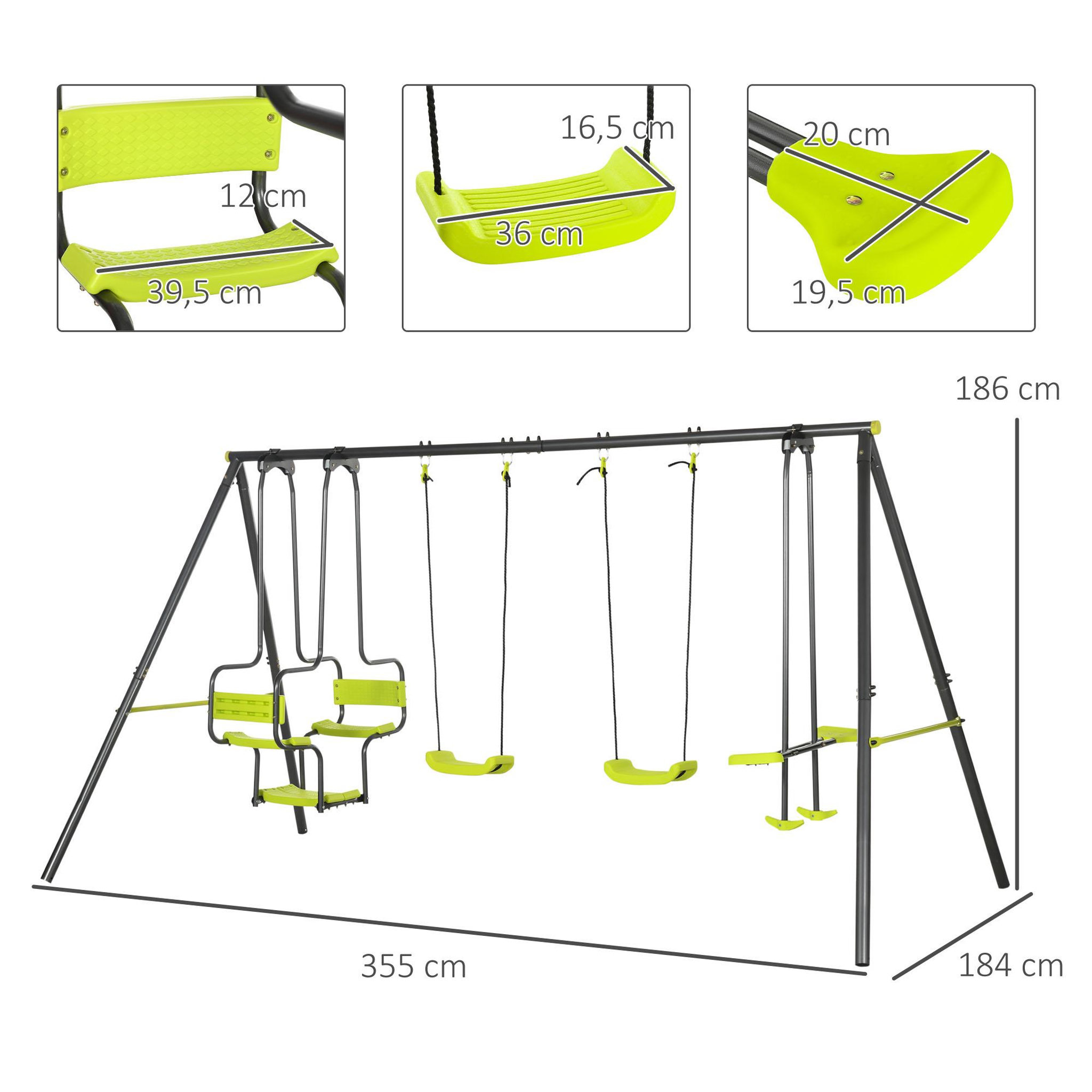 Voir la diapositive 3 : OUTSUNNY Balançoire 4 agrès portique avec 2 balançoires et 2 face à face dim. 3,55L x 1,84l x 1,86H m acier époxy gris PE vert