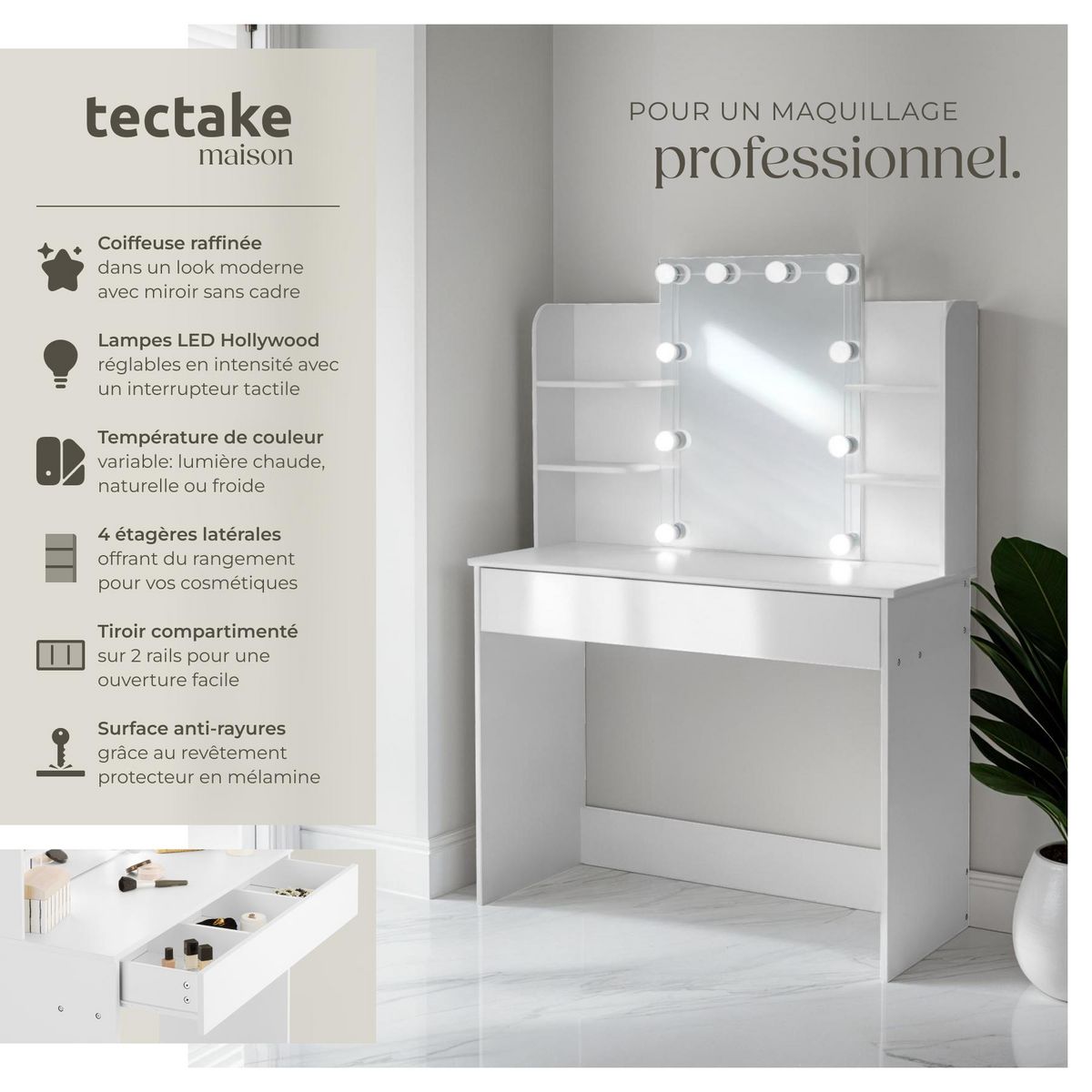 tectake Coiffeuse avec miroir style hollywoodien blanc