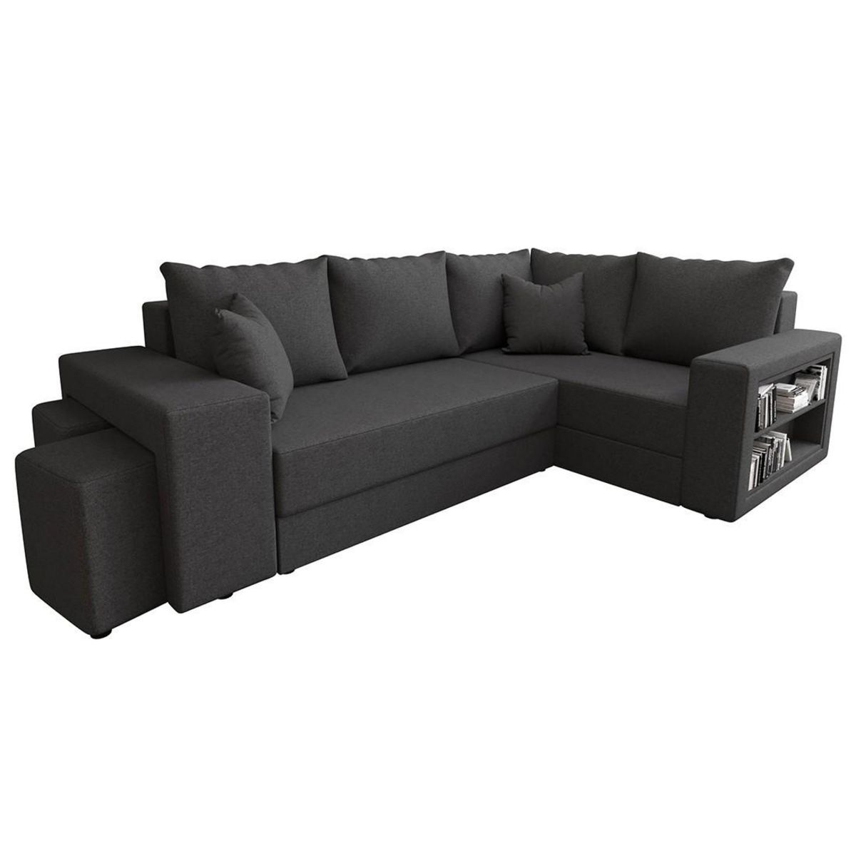 BEST MOBILIER Libbie - canapé d'angle droit 4 places convertible avec coffre, étagère et poufs en tissu