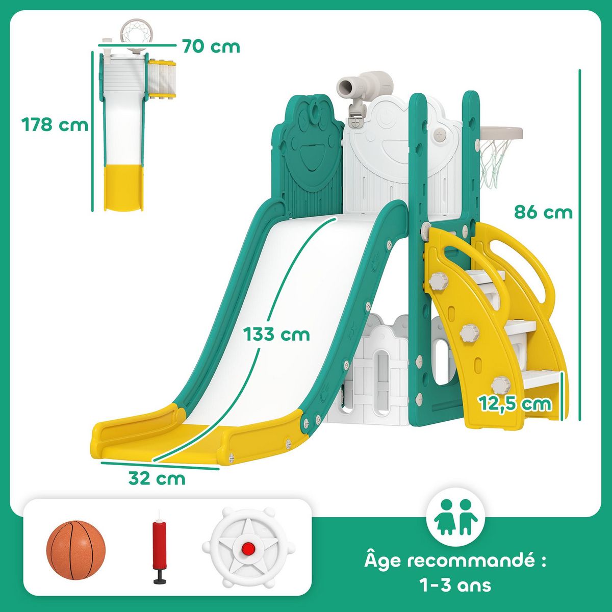 HOMCOM Toboggan enfant design grenouille - panier de basket-ball intégré - ballon, pompe inclus - HDPE blanc jaune turquoise