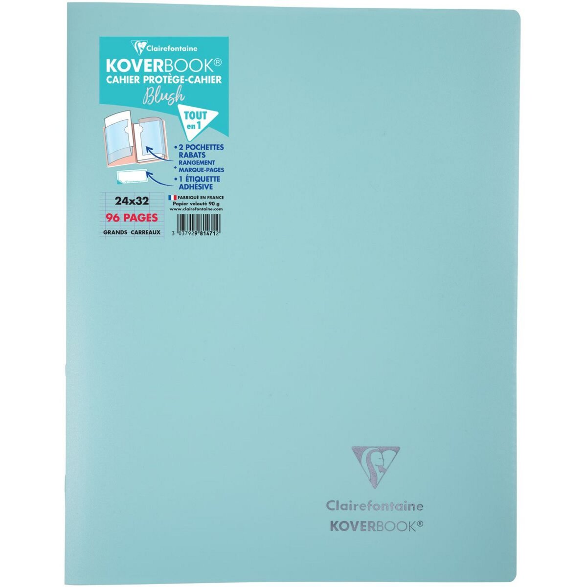 CLAIREFONTAINE Cahier polypro Koverbook 24x32cm 96 pages grands carreaux Seyes blush turquoise