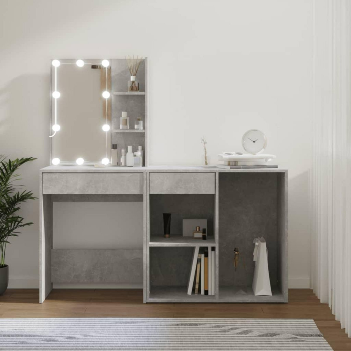 VIDAXL Coiffeuse a LED avec armoire Gris beton Bois d'ingenierie
