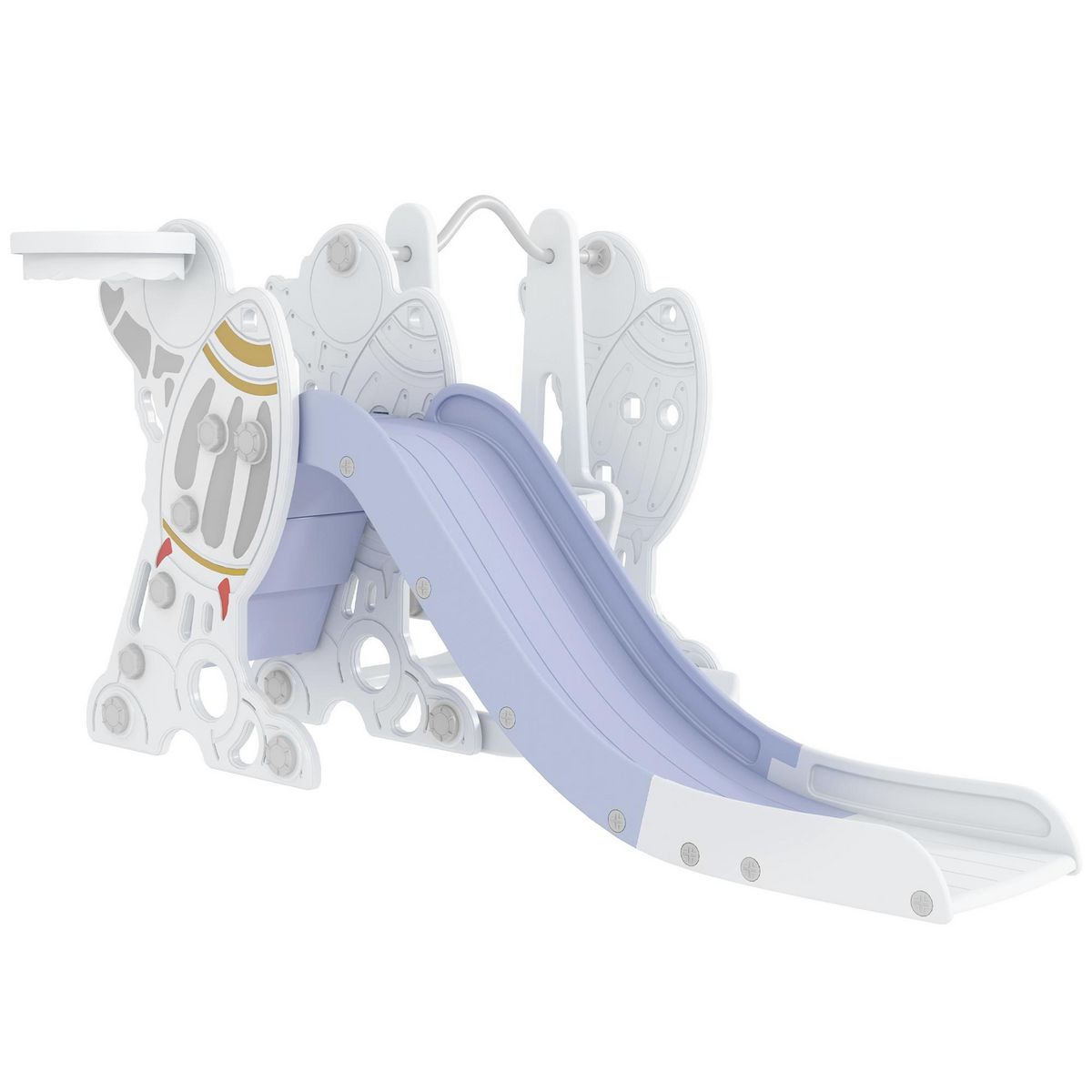 HOMCOM Portique enfant toboggan et balançoire avec panier de basket-ball - aire de jeux 3 en 1 - usage intérieur extérieur - blanc gris