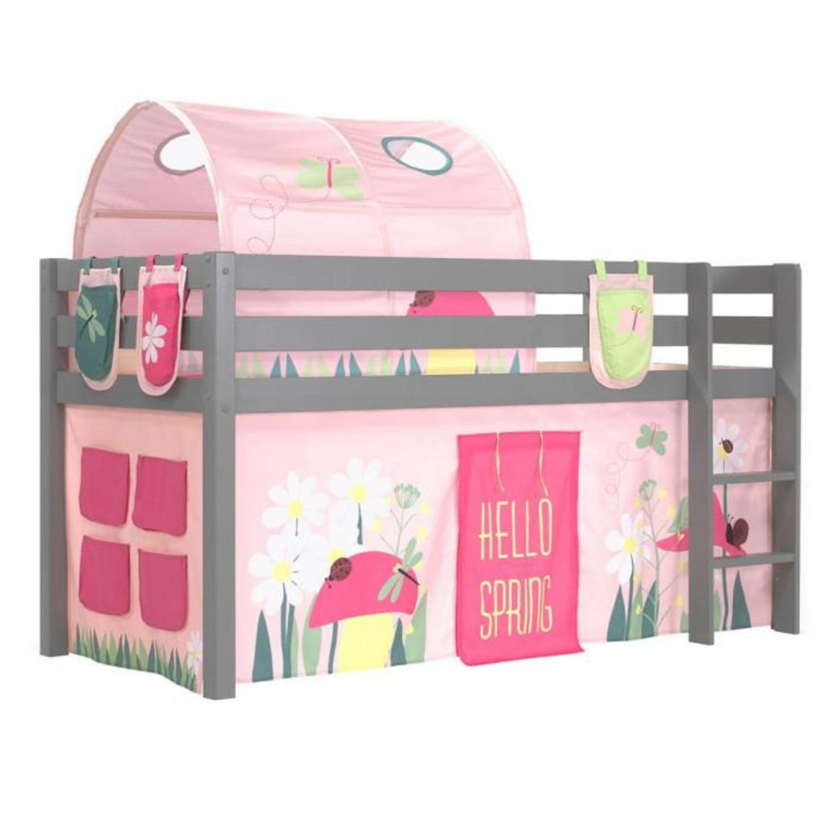 Paris Prix Pack - Lit Enfant Surélevé, Tente, 3 Pochettes & Tunnel  Pino Spring  Gris