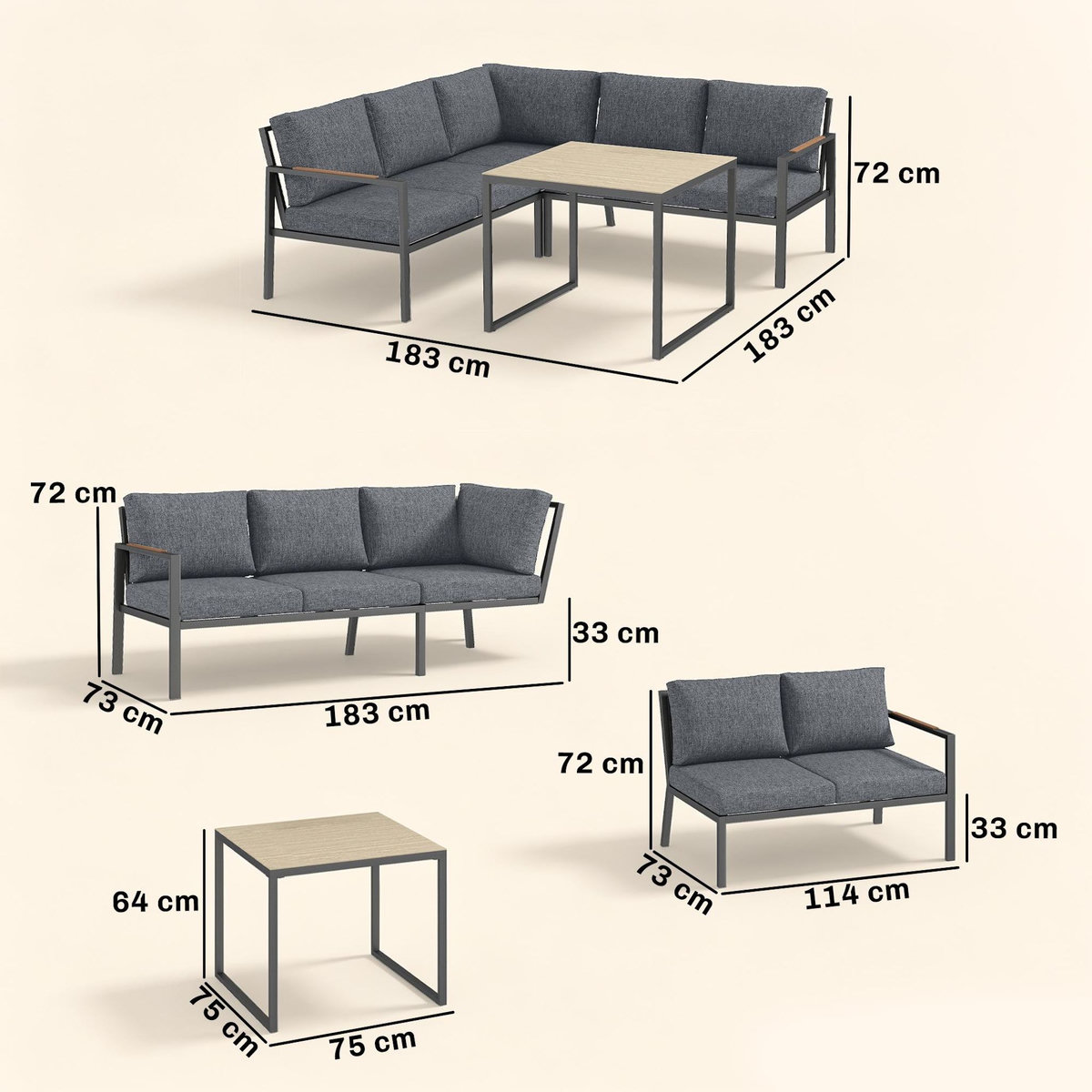 OUTSUNNY Salon de jardin 3 pièces 5 personnes gris foncé