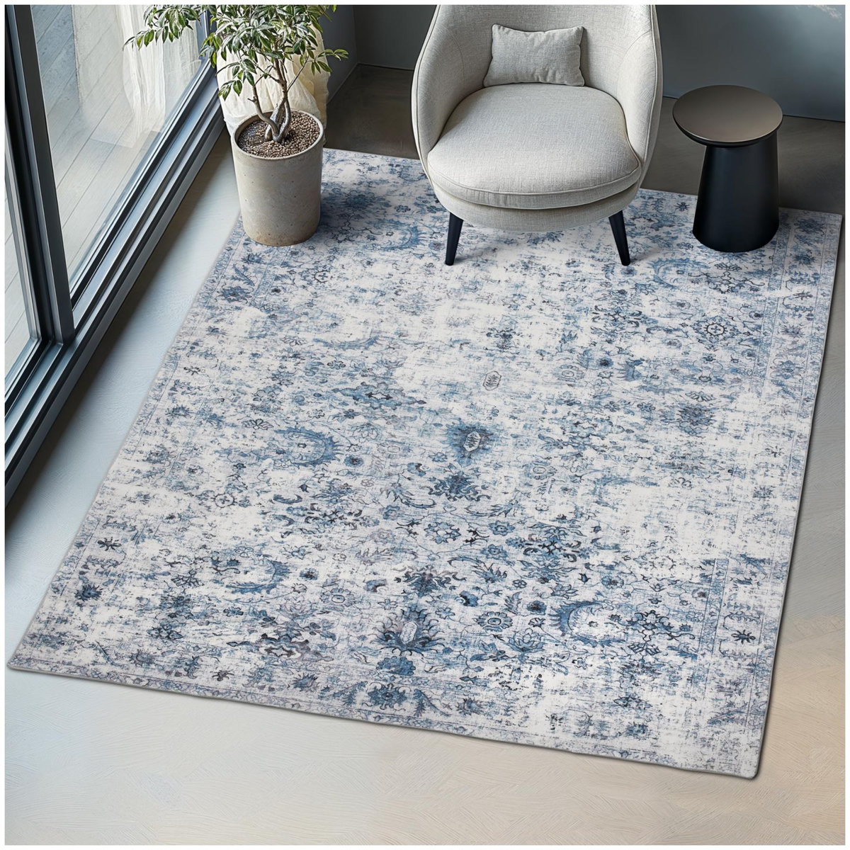 tectake Tapis vintage design à poils courts en laine synthétique et feutre bleu 200 x 274 cm