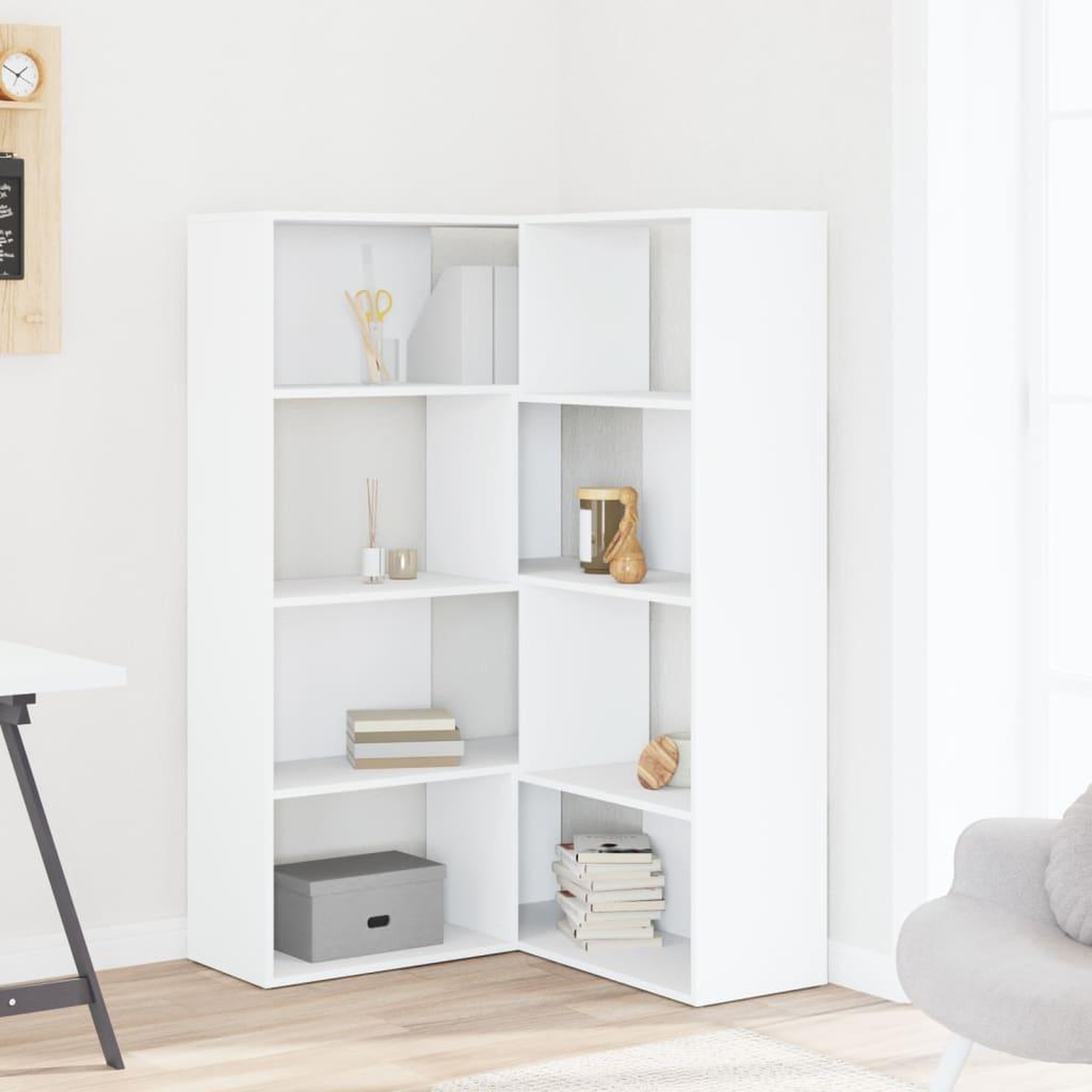 Voir la diapositive 3 : VIDAXL Bibliotheque d'angle a 4 niveaux blanc bois d'ingenierie