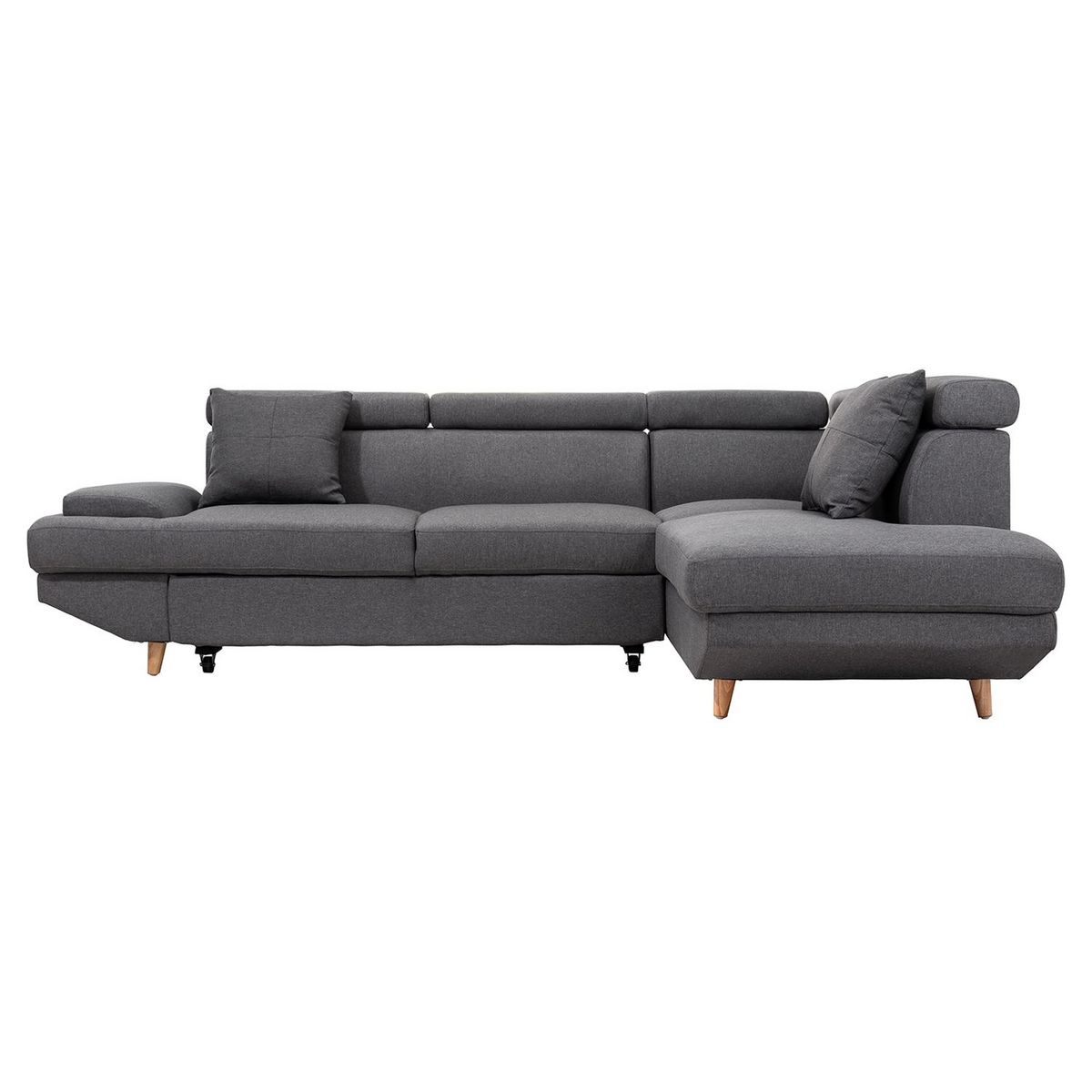 Canapé d'angle droit convertible 5 places tissu pieds bois clair MARIUS 