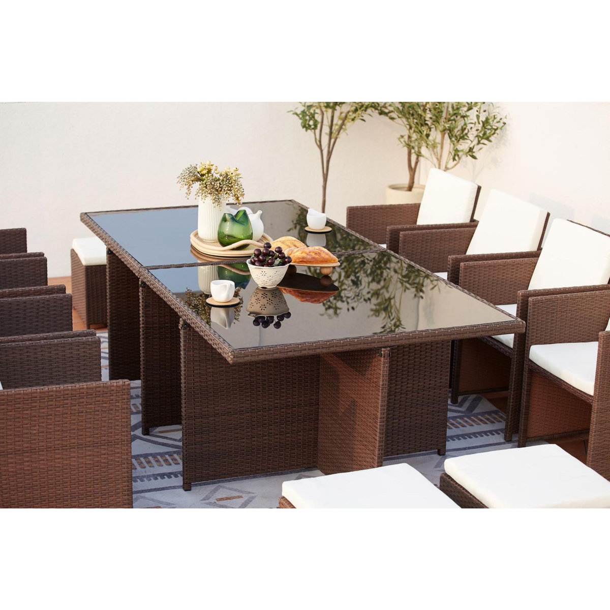 CONCEPT USINE Table et chaises 12 places encastrables résine marron-blanc MONACO