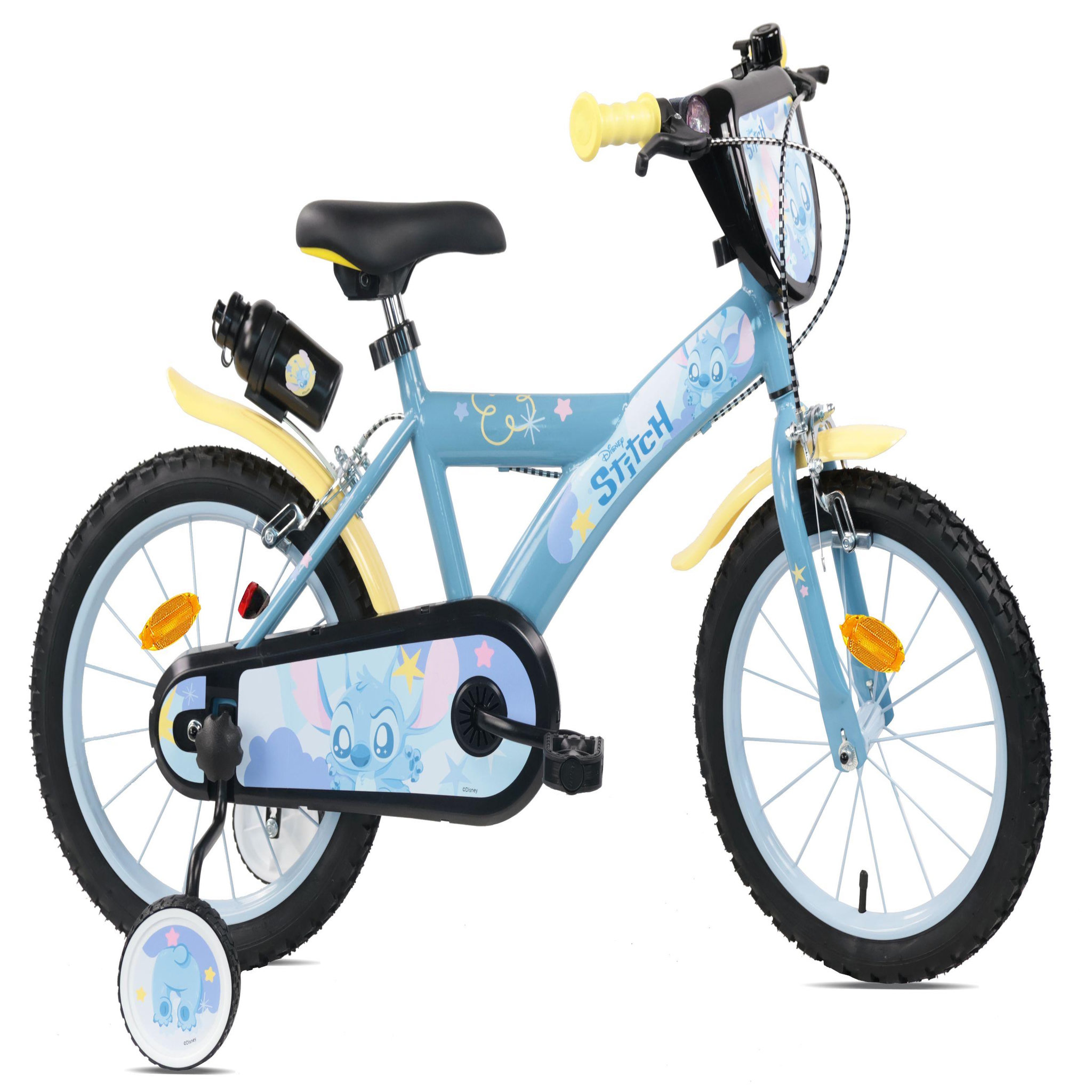 DISNEY Vélo enfant 16'' STITCH de Disney pour enfant de 100 cm à 125 cm avec 2 freins, plaque avant, bidon arrière et pneus gonflables