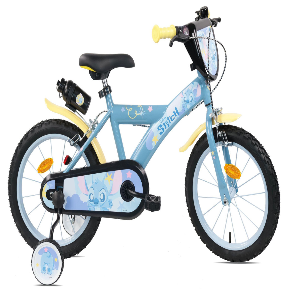 DISNEY Vélo enfant 16'' STITCH de Disney pour enfant de 100 cm à 125 cm avec 2 freins, plaque avant, bidon arrière et pneus gonflables