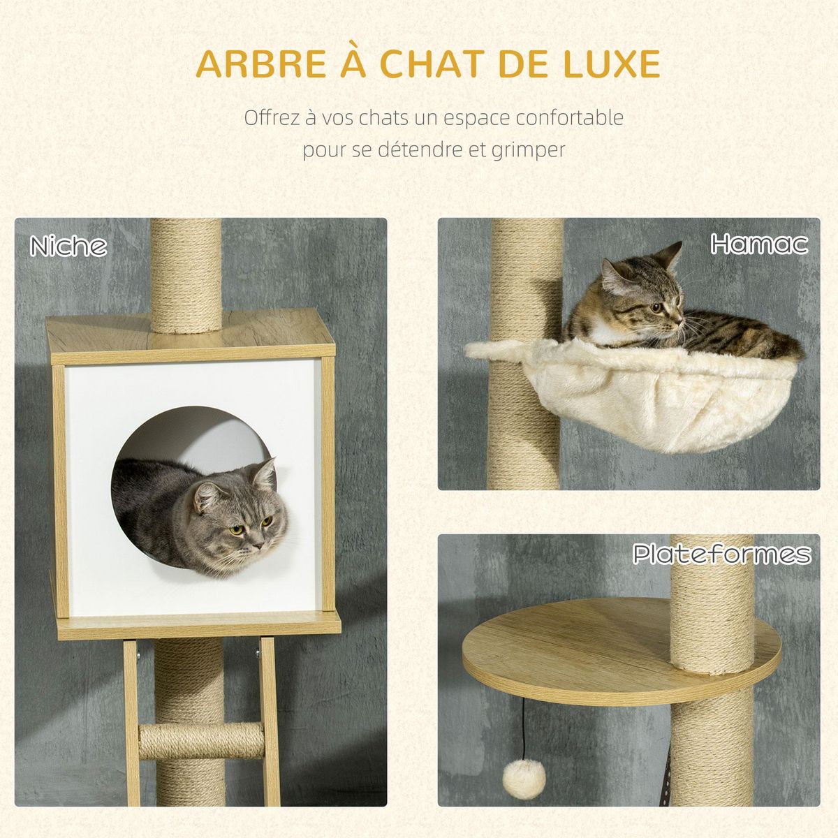PAWHUT Arbres à chat 2 pièces style nordique - hauteur réglable 225-285H cm - multi-équipement - panneaux aspect chêne clair jute