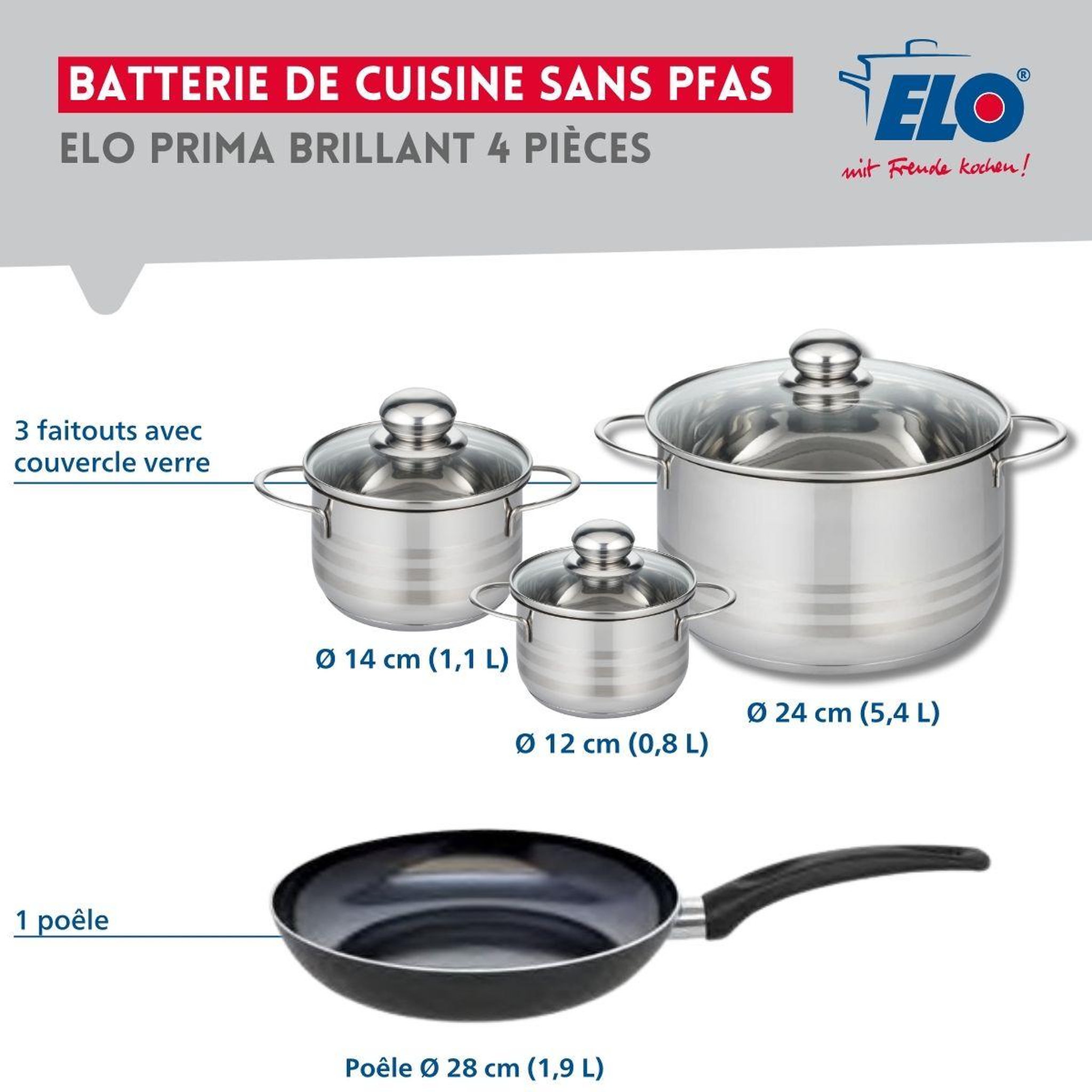 Voir la diapositive 2 : ELO Ensemble de 1 poêle de cuisson 28 cm et 3 faitouts 12, 14 et 24 cm elo prima brillant