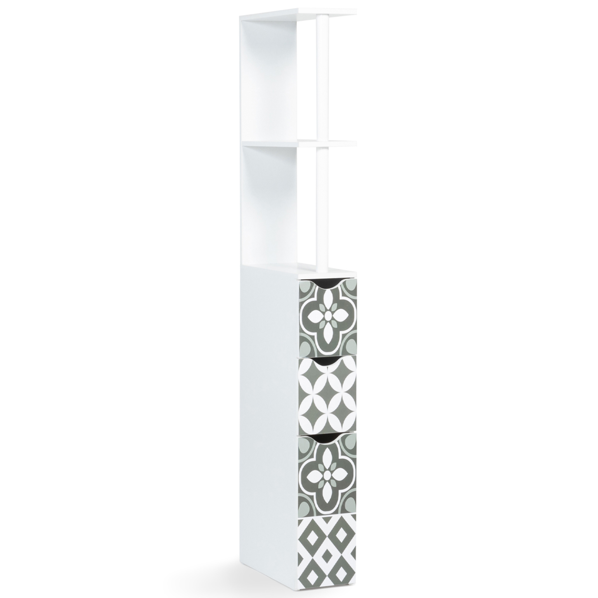Voir la diapositive 4 : ID MARKET Meuble wc étagère bois willy 3 portes blanc et motif carreaux de ciment gris