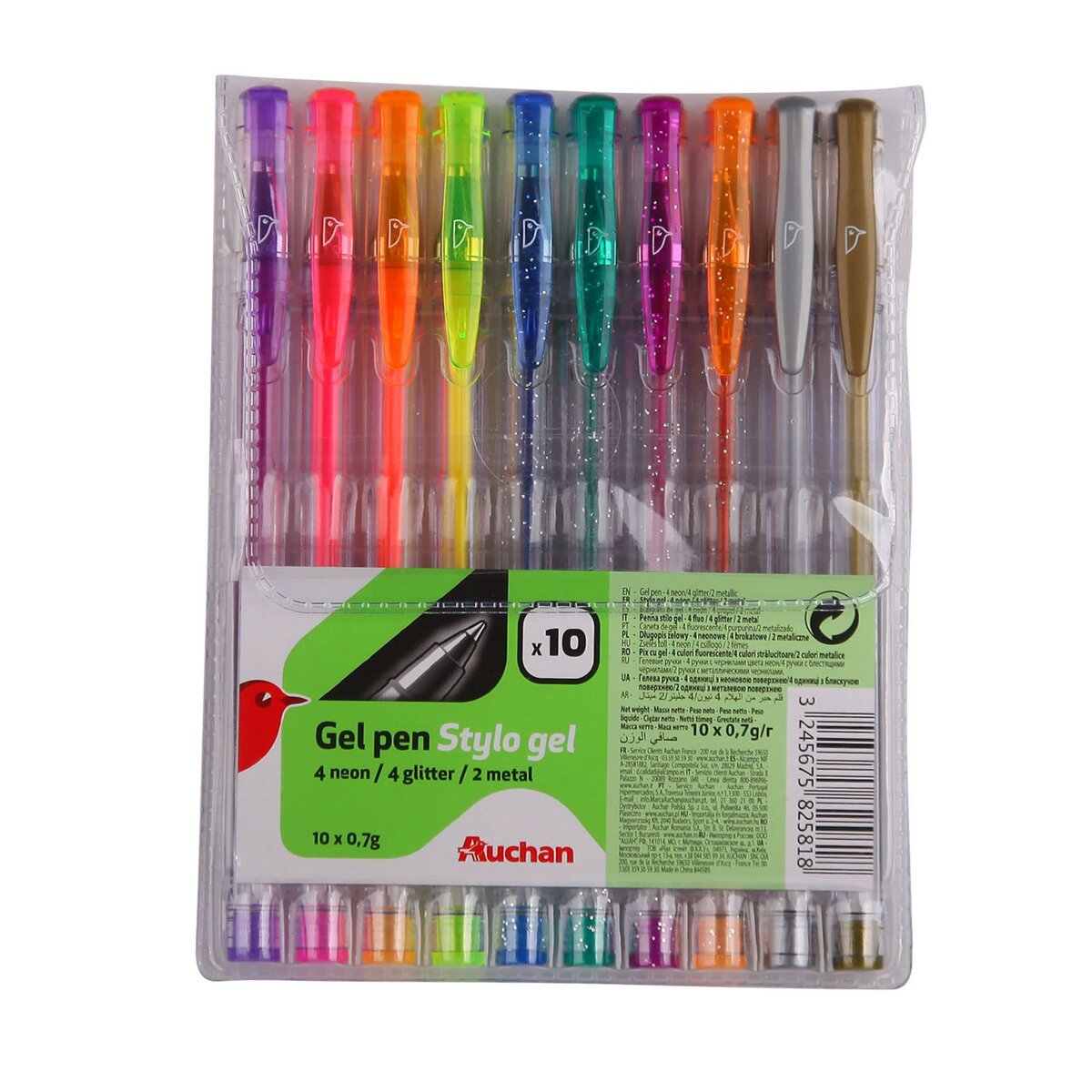 AUCHAN Lot de 10 stylos en gels - couleurs assortis pas cher