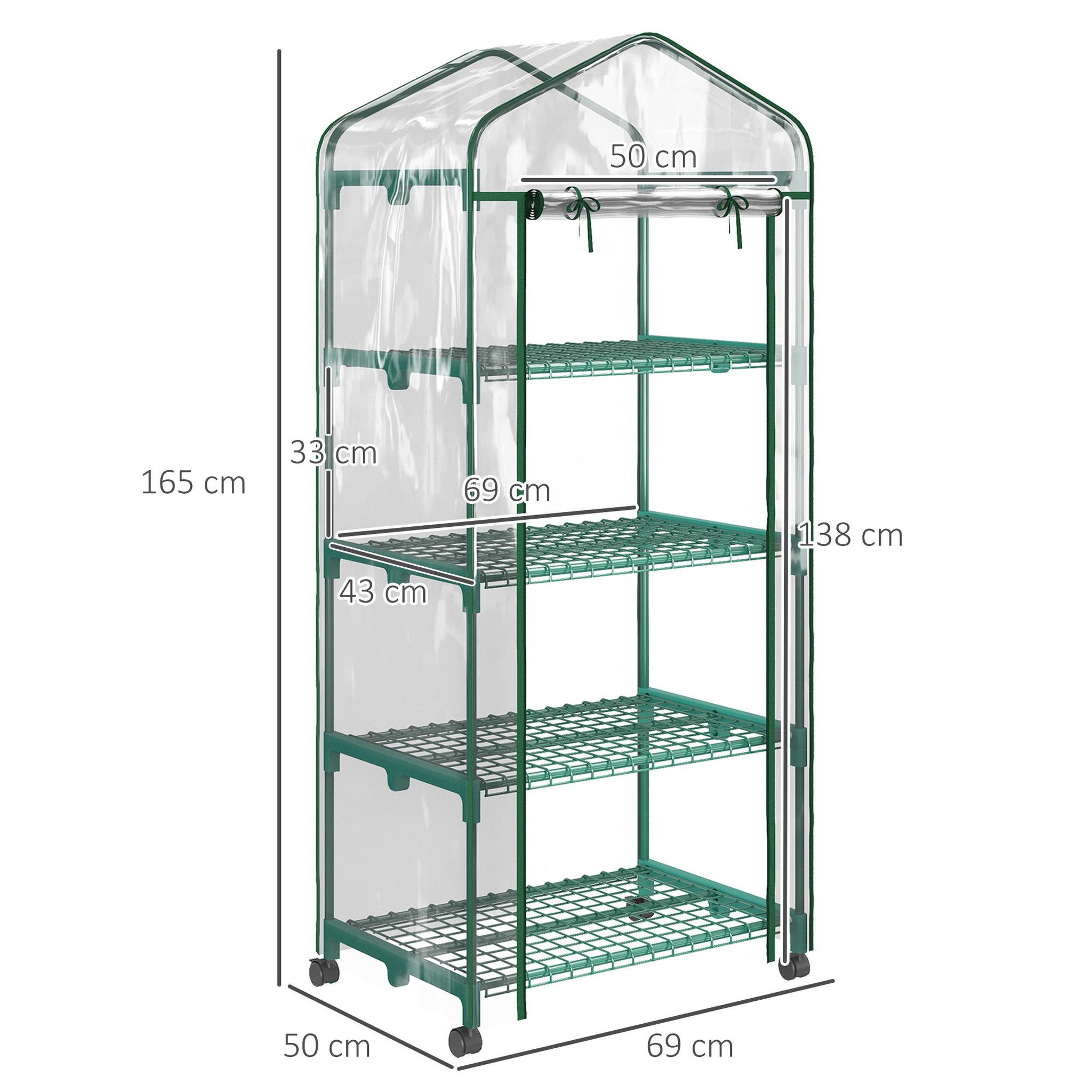 Voir la diapositive 3 : OUTSUNNY Serre de jardin balcon sur roulettes 4 étagères dim. 0,69l x 0,5l x 1,65h m acier thermolaqué bâche pvc porte zippée transparente