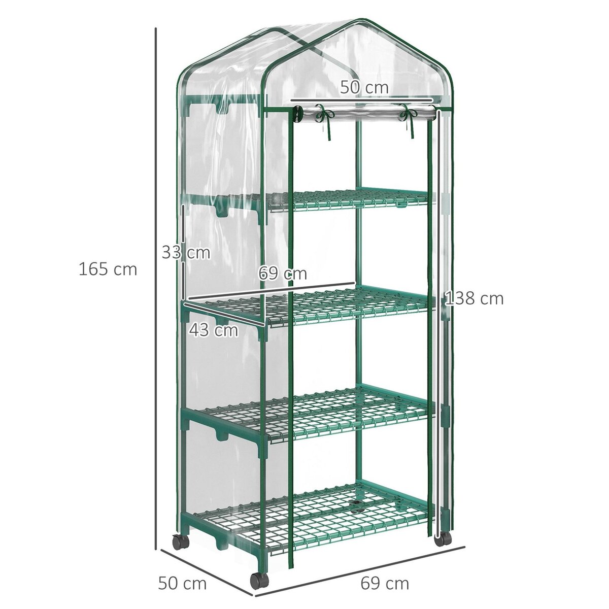 OUTSUNNY Serre de jardin balcon sur roulettes 4 étagères dim. 0,69L x 0,5l x 1,65H m acier thermolaqué bâche PVC porte zippée transparente