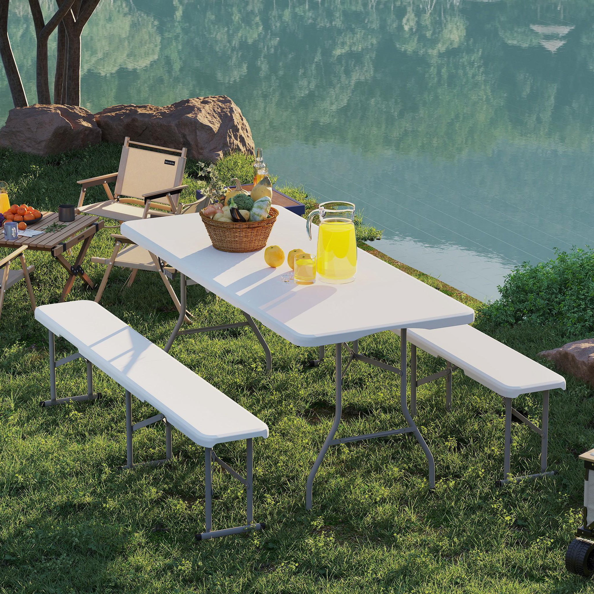 Voir la diapositive 2 : OUTSUNNY Ensemble table 2 bancs pliables avec poignées - usage pique-nique camping - métal époxy hdpe blanc