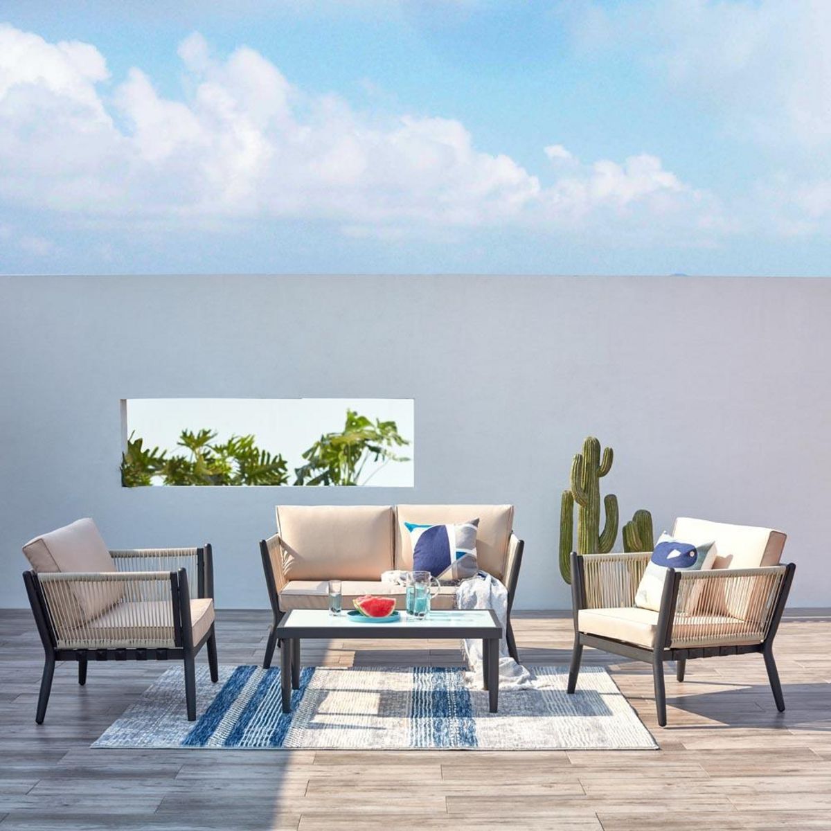 CONCEPT USINE Salon jardin alu et corde écru-noir ANAHMA