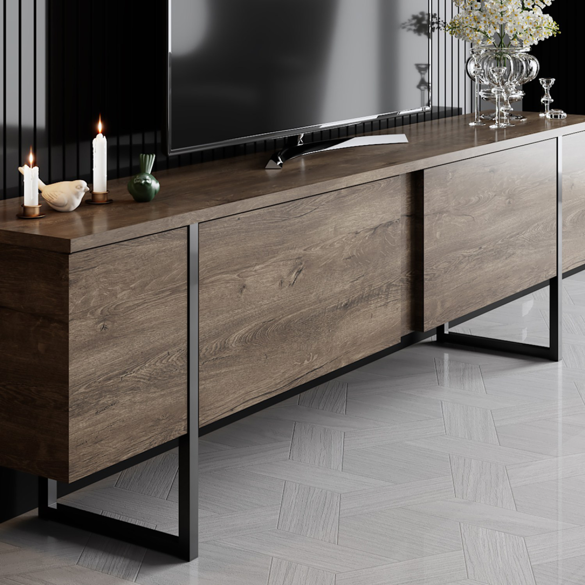Voir la diapositive 4 : CONCEPT USINE Meuble tv avec placards aspect bois de noyer et détails noirs 180cm fropa