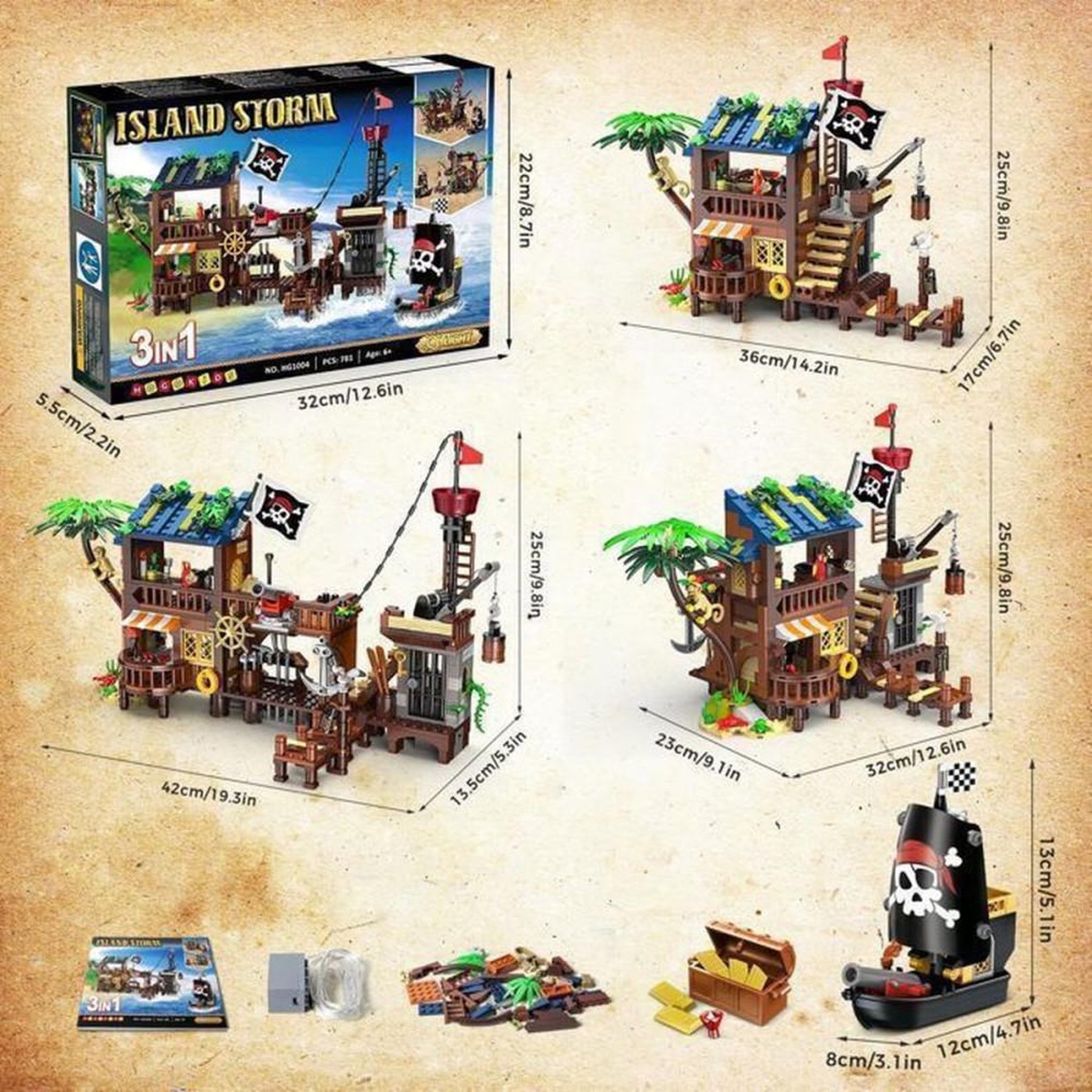 Voir la diapositive 6 : Ensemble de construction pirate 3 en 1 781 pièces avec LED, navire et camp transformable