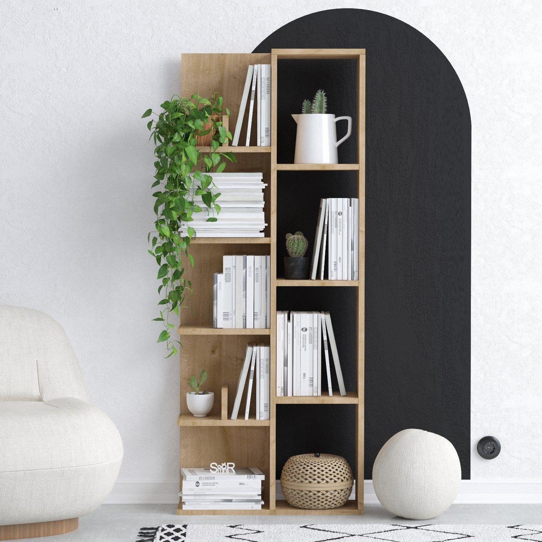Voir la diapositive 2 : TOILINUX Bibliothèque asymétrique 4 niches et tablettes décor chêne elora - marron