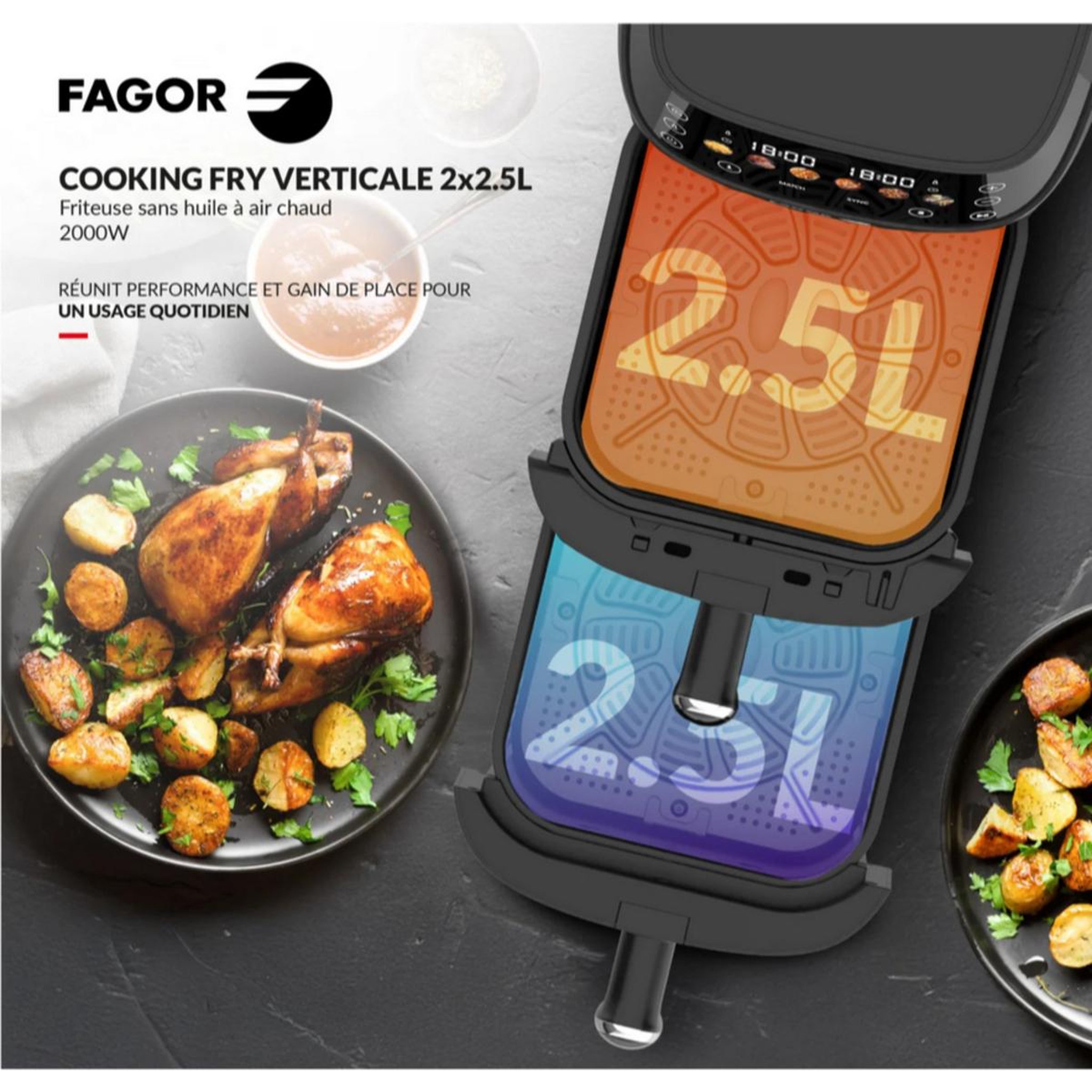Voir la diapositive 5 : FAGOR Friteuse sans huile 2x2.5l 2000w noir - fg3301