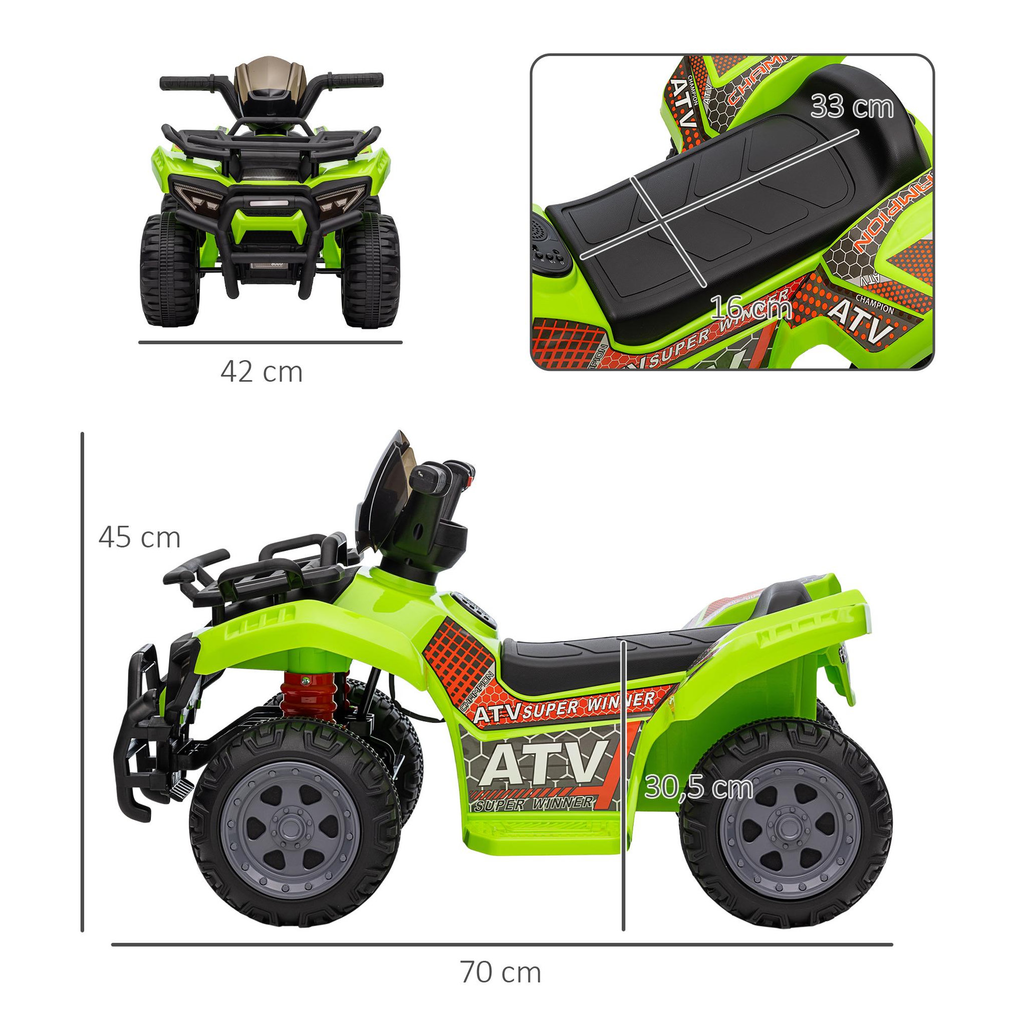 Voir la diapositive 3 : HOMCOM Buggy électrique enfant quad électrique pour enfant de 18 à 36 mois effet lumineux 6 V 2 Km/h max. métal PP vert