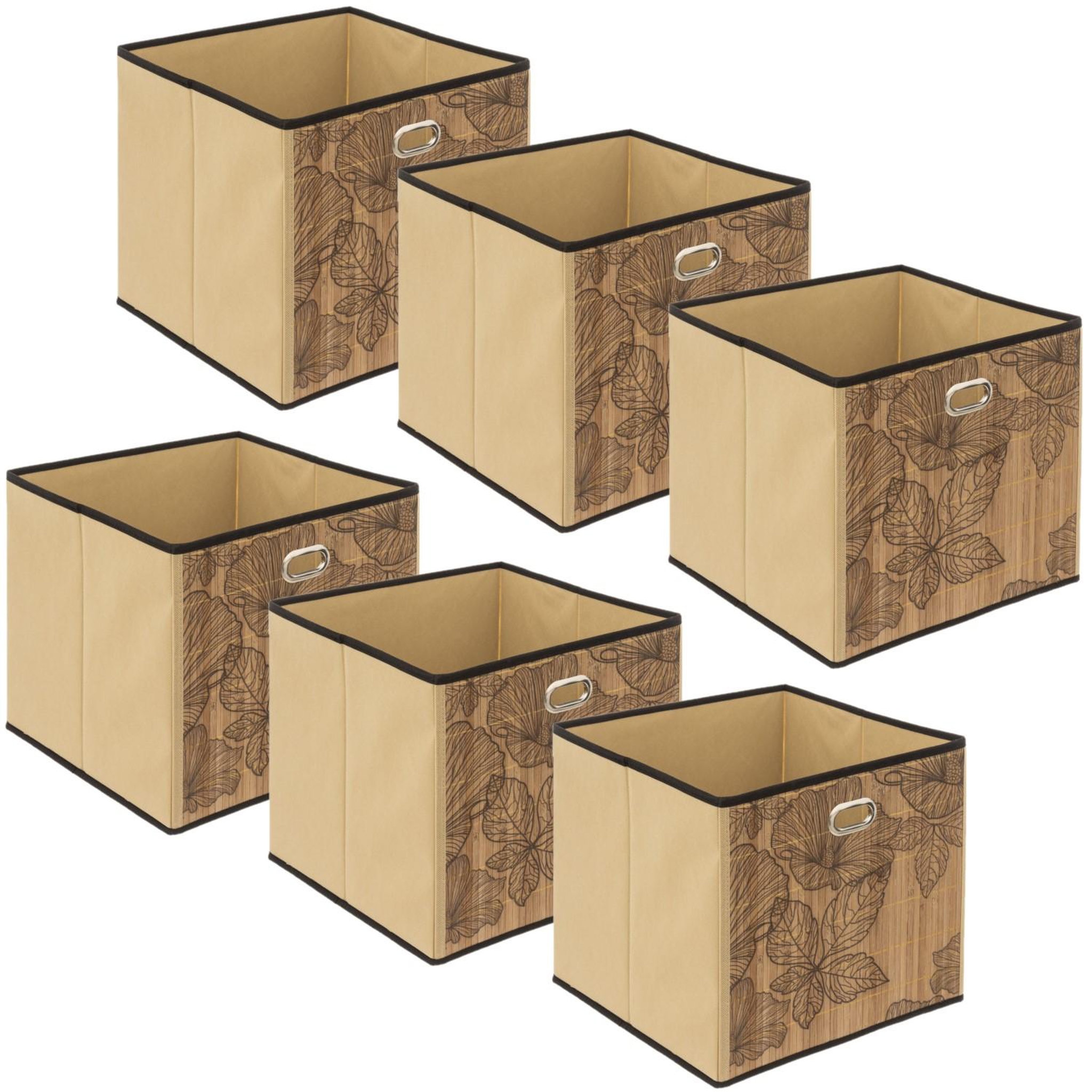TOILINUX Lot de 6 boîtes de rangement imprimé tropical en bambou et tissu blackflora - marron et noir