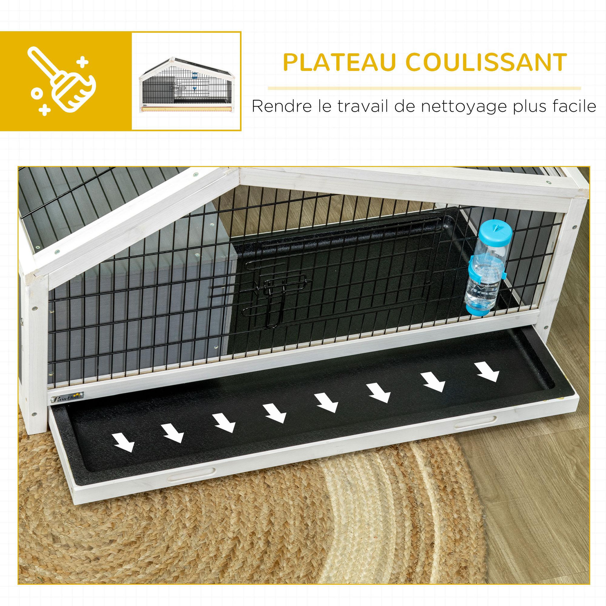 Voir la diapositive 6 : PAWHUT Clapier cage à lapin - niche, plateau déjection, porte et toit ouvrant verrouillables, abreuvoir - acier noir sapin gris blanc