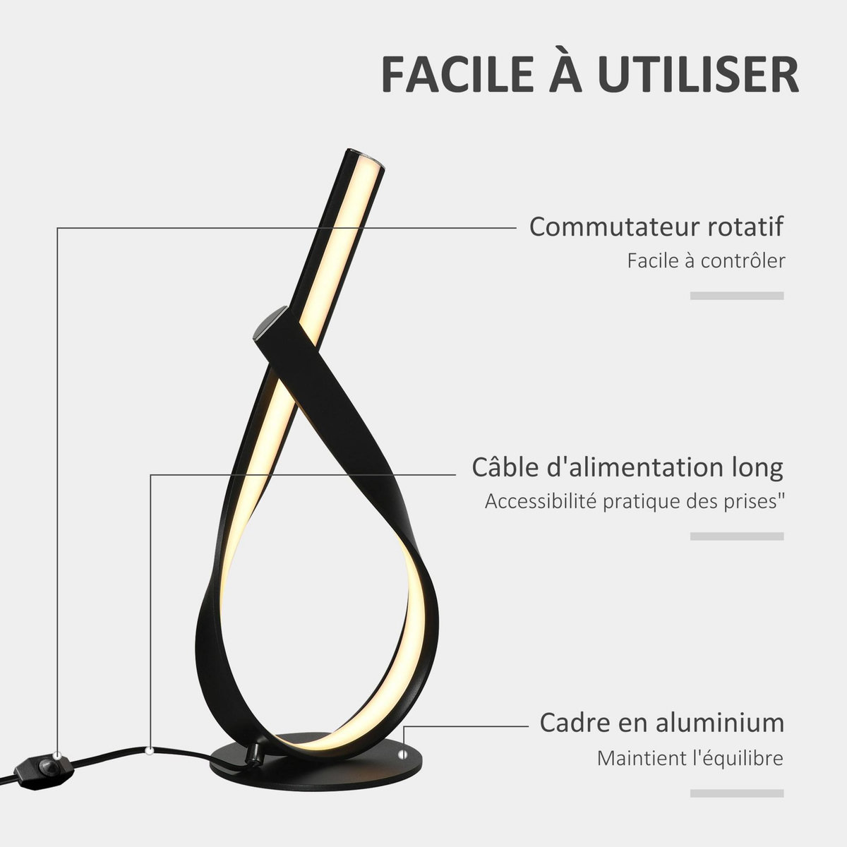 HOMCOM Lampe à poser design contemporain - lampe de table design spirale - dim. 21L x 15l x 43H cm - alu. noir LED blanc chaud