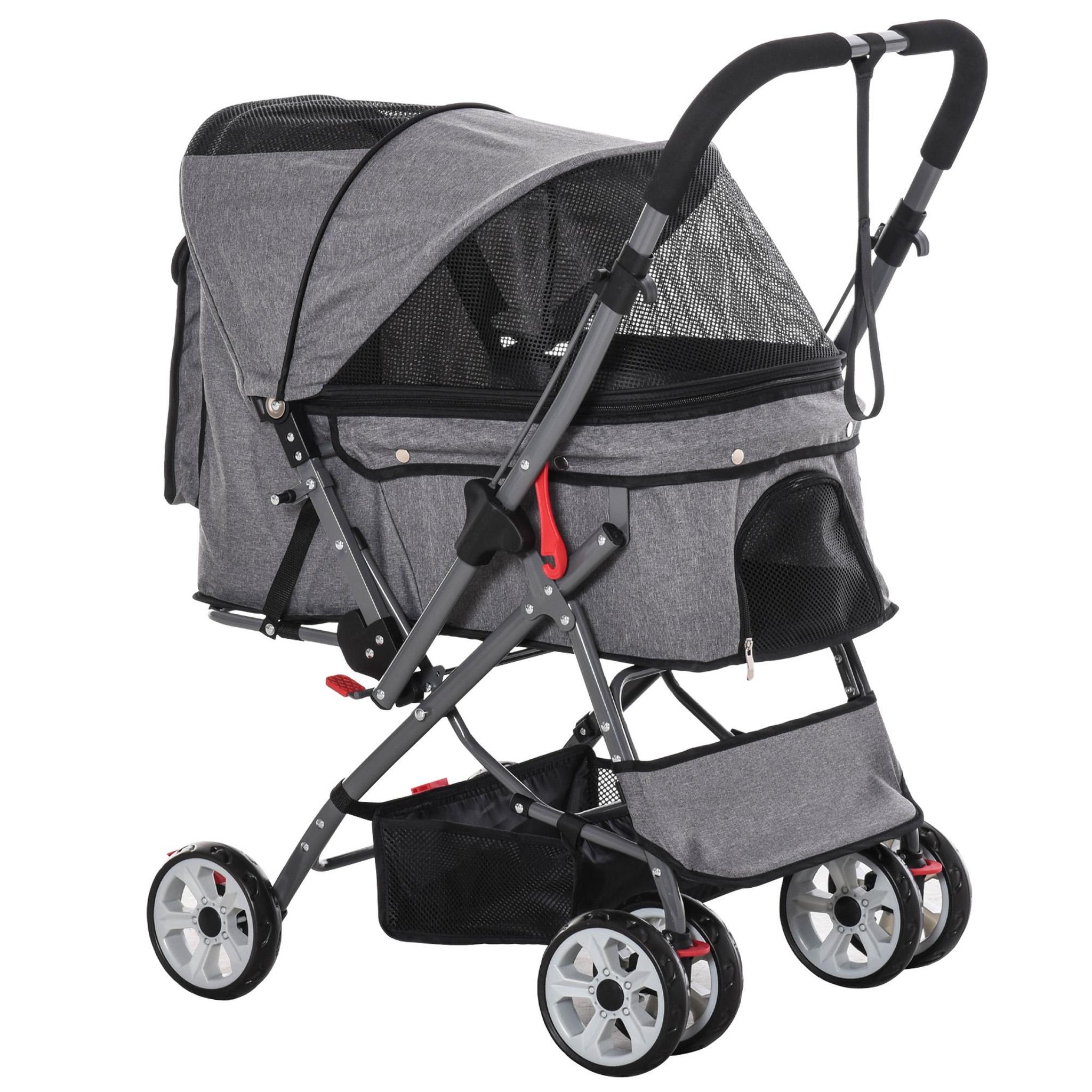 Voir la diapositive 1 : PAWHUT Poussette buggy pliable chien chat panier et sac de rangement attaches sécurité housse réglable poignée réversible acier oxford gris chiné noir