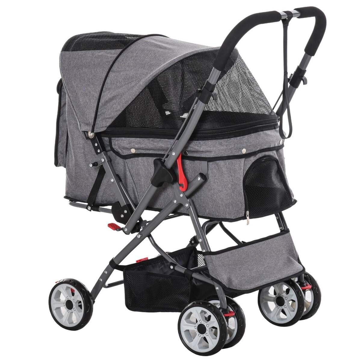 PAWHUT Poussette buggy pliable chien chat panier et sac de rangement attaches sécurité housse réglable poignée réversible acier Oxford gris chiné noir