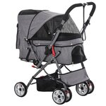 PAWHUT Poussette buggy pliable chien chat panier et sac de rangement attaches sécurité housse réglable poignée réversible acier Oxford gris chiné noir