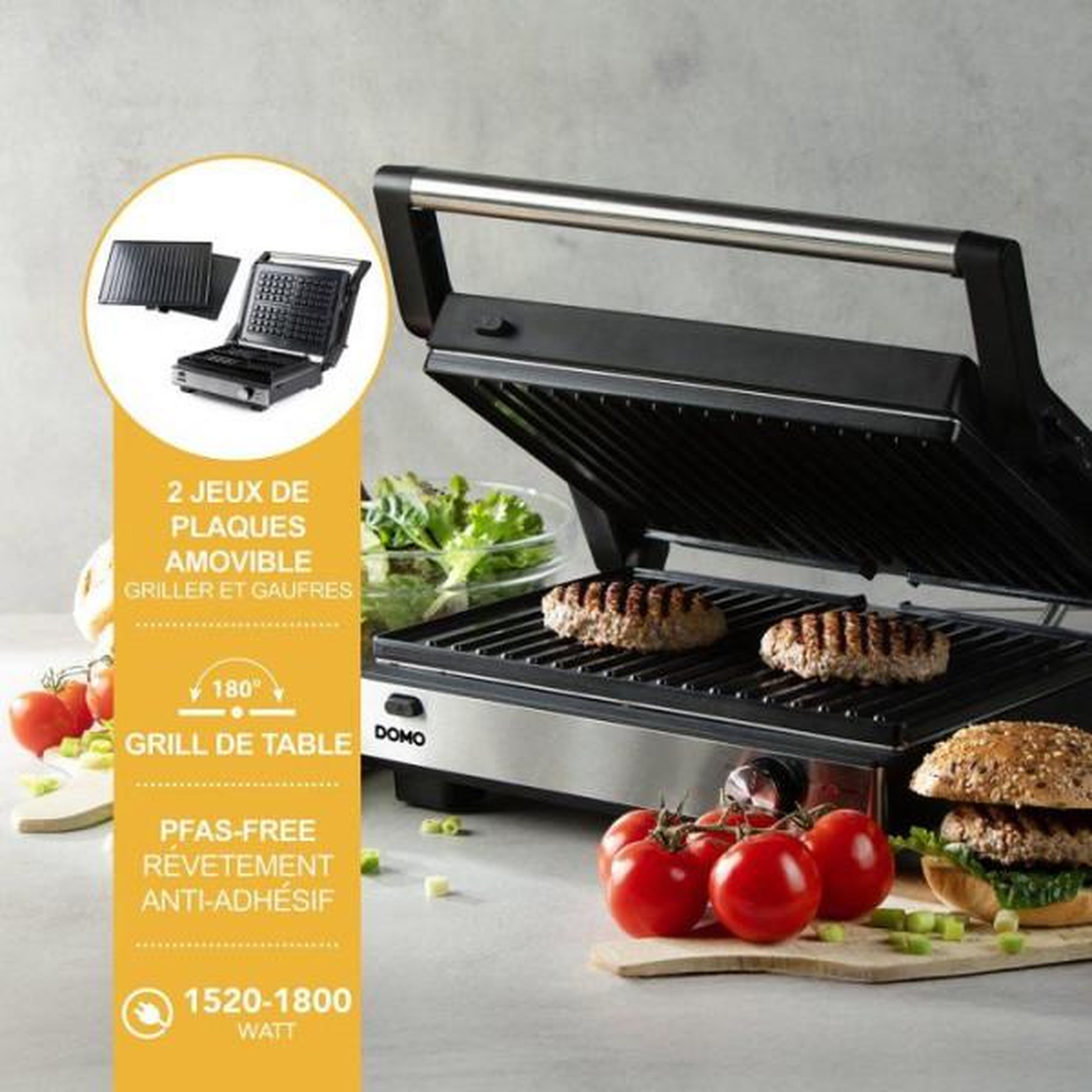 Voir la diapositive 3 : Domo Gril de contact multifonction 2 en 1 - DOMO - DO9287G - Gril et gaufrier - Plaques amovibles - 1800 W