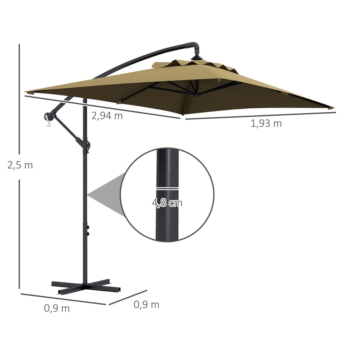 OUTSUNNY Parasol déporté rectangulaire dim. 294L x 193l x 250H cm pied en croix kaki