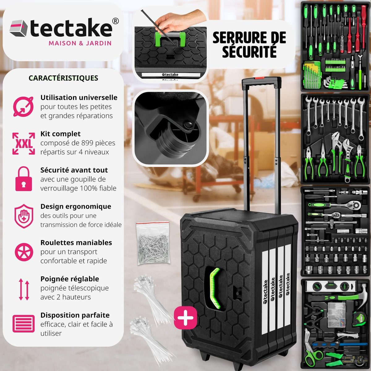 tectake Caisse à outils 899 pièces noir