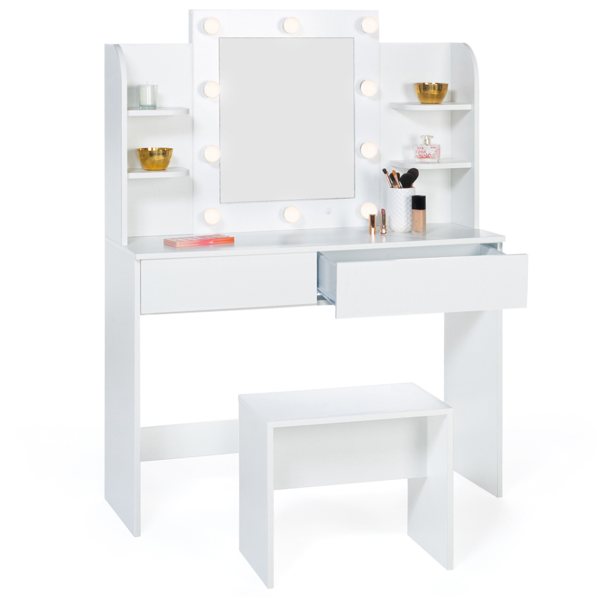 ID MARKET Coiffeuse ZELIA blanche table de maquillage 4 étagères, miroir LED et tabouret