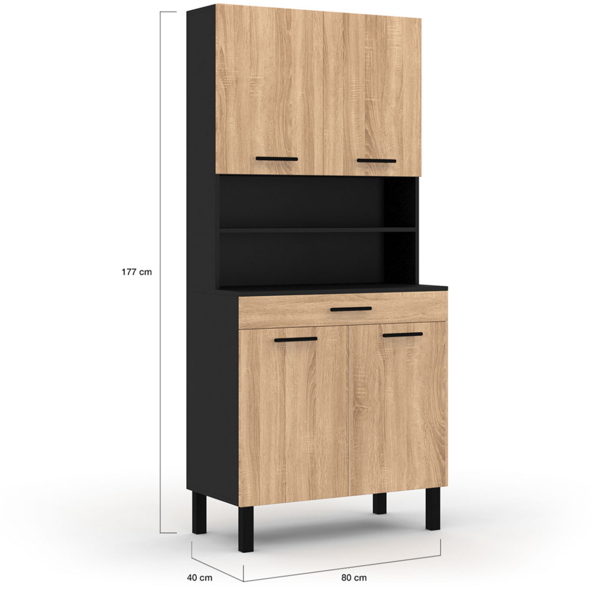 ID MARKET Buffet de cuisine 80 CM CINA 4 portes + tiroir noir et façon hêtre