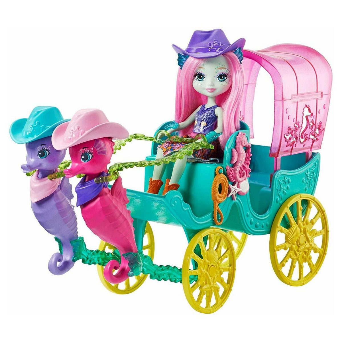 MATTEL Enchantimals - Poupée Sandella et la calèche des Hippocampes Style Western