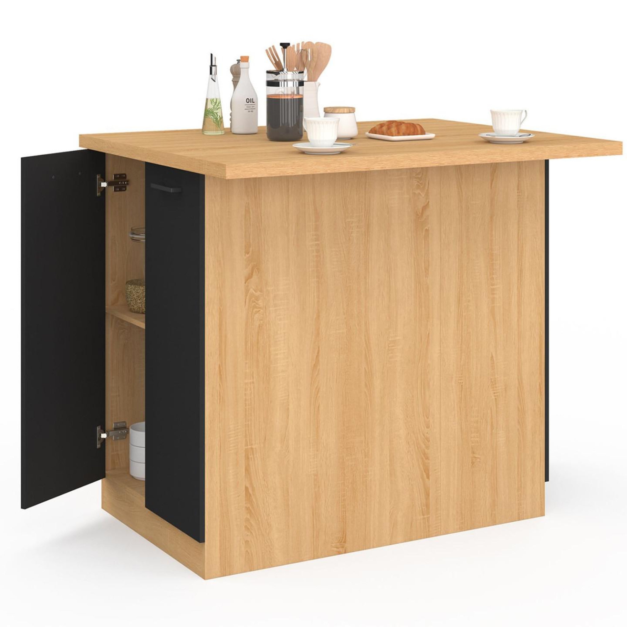 Voir la diapositive 5 : ID MARKET Ilot central ivo 100 cm bois façon hêtre portes noires avec plan de travail