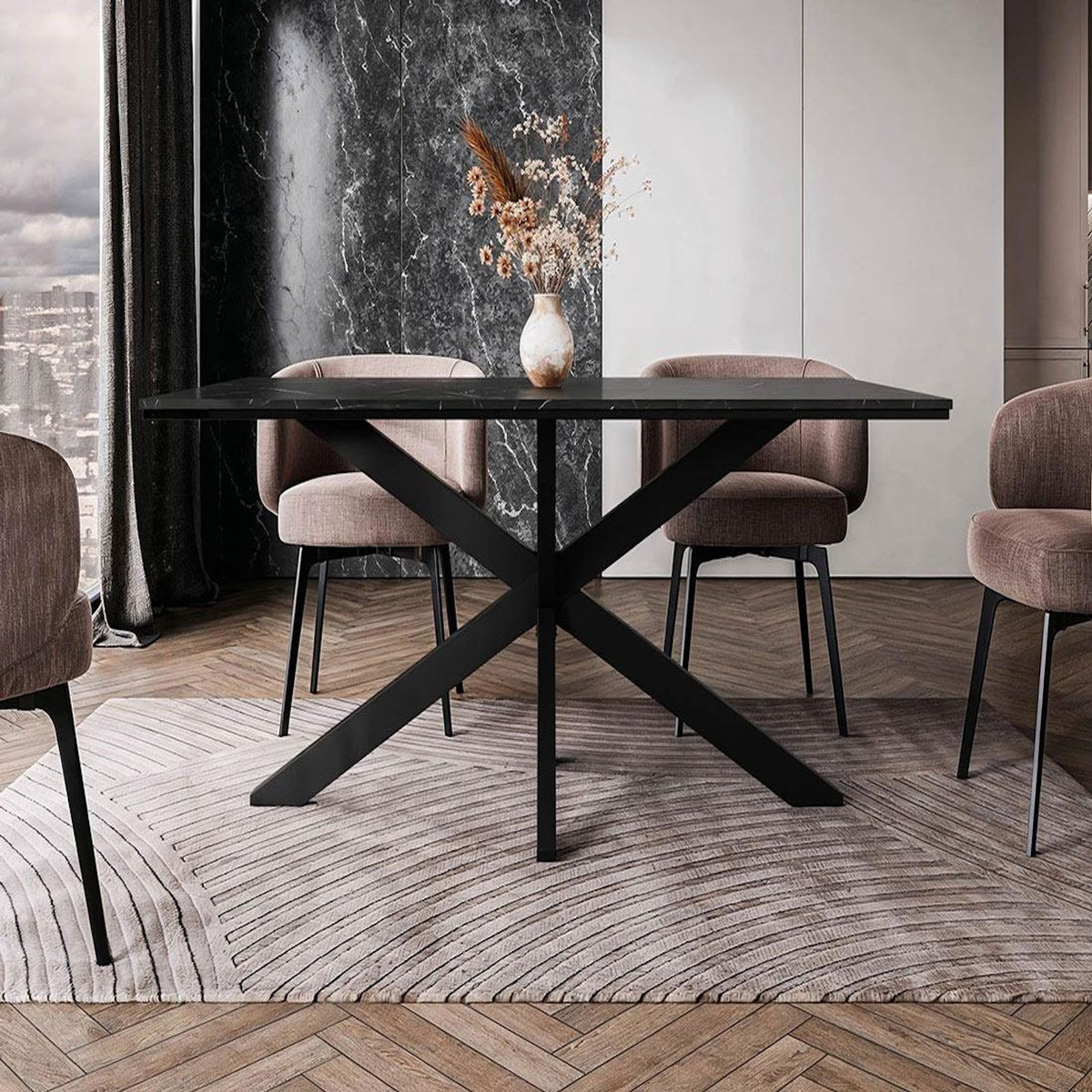 BEST MOBILIER Tom - table à manger - plateau effet marbre - pieds en métal - 4 à 6 personnes