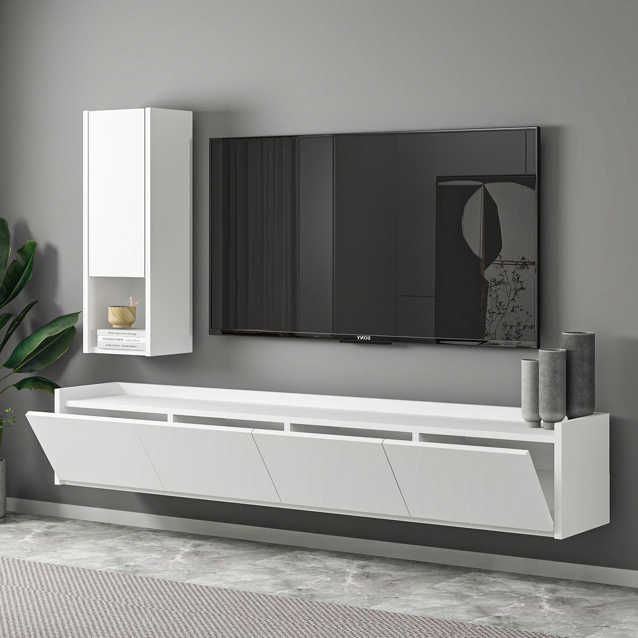 Voir la diapositive 4 : Habitat et Jardin Meuble tv avec étagère murale en bois  sema  - 160 x 30 x 35 cm - blanc